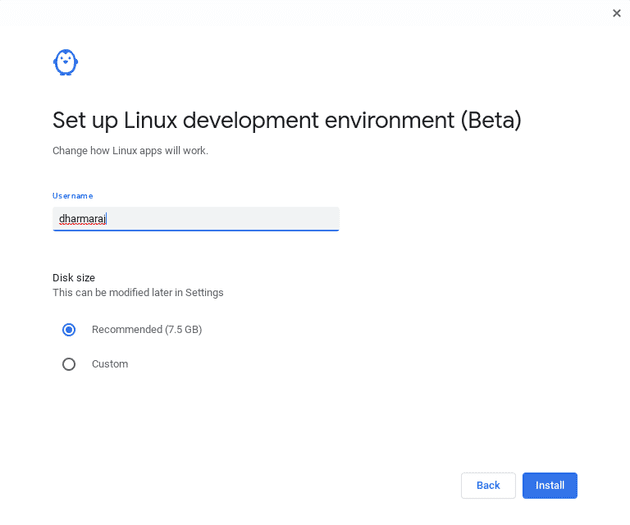 Select your Linux username and disk size