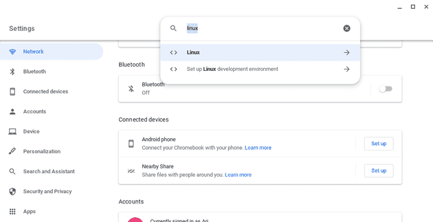 Chrome OS settings window to search Linux